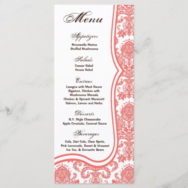 25 Cartes de menu Coral rose Damask Dentelle Impri (Devant)