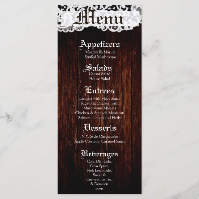 25 Cartes de menu Country Dark Barn Dentelle en bo (Devant)