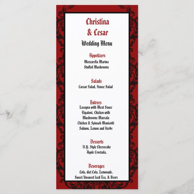 25 Cartes de menu Crimson Rouge Ornat Embellishmen (Devant)