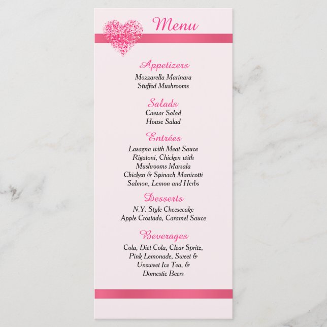 25 Cartes de menu de printemps Coeur Confetti Rose (Devant)