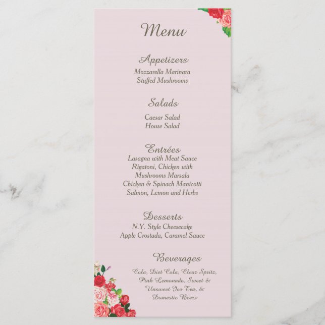 25 Cartes de menu de réception Roses roses et roug (Devant)