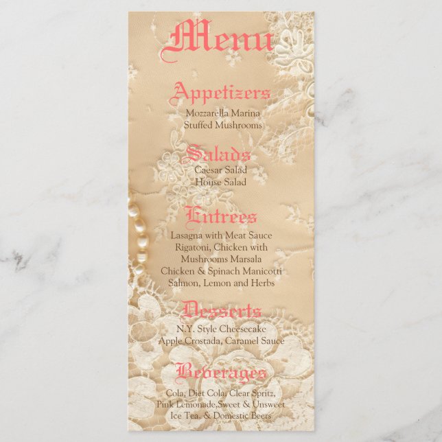 25 Cartes de menu Dentelle de campagne Bijou Vinta (Devant)