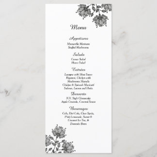 25 cartes de menu Floral Blanc et Noir