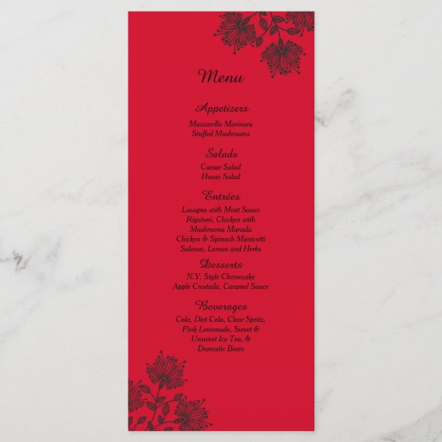 25 cartes de menu Floral rouge et noir (Devant)