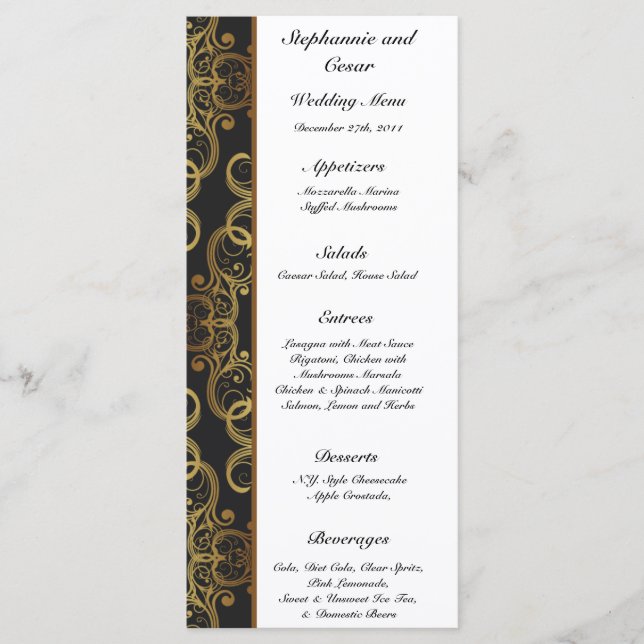 25 Cartes de menu Gold et Black Damask (Devant)