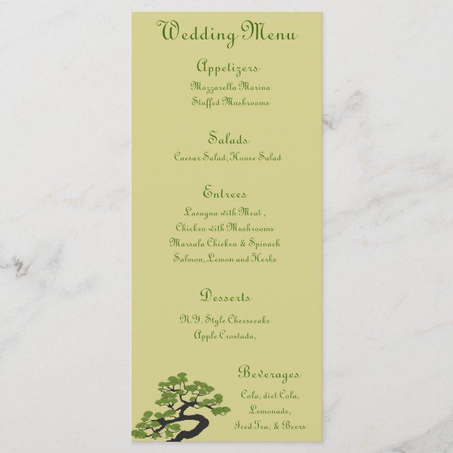 25 Cartes de menu Japonais Vert Bonsai Arbre Olive (Devant)
