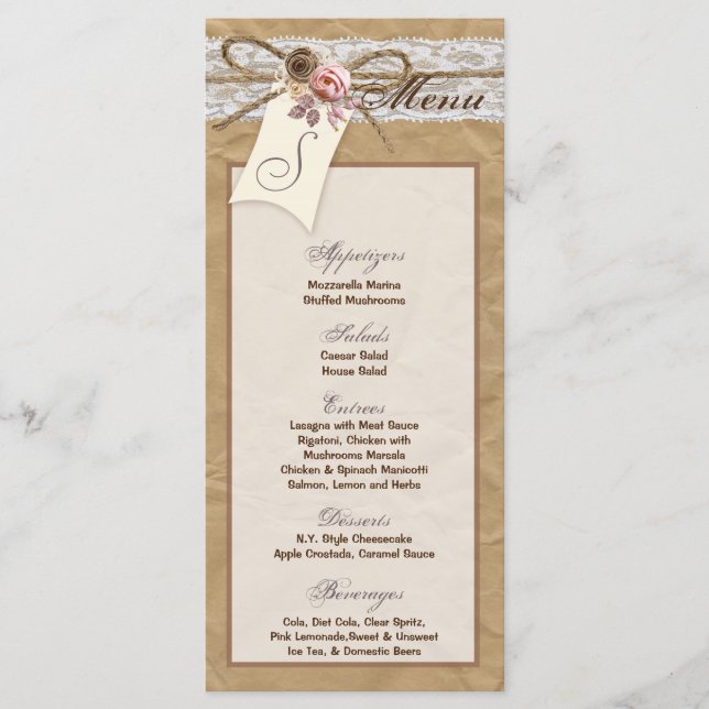 25 Cartes de menu Kraft papier dentelle Twine Bow  (Devant)