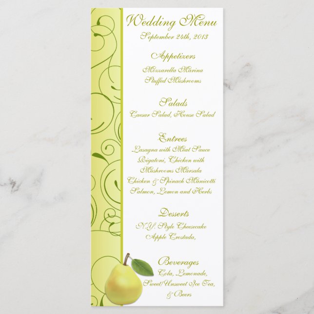 25 Cartes de menu Lime Green Pear Swirls (Devant)