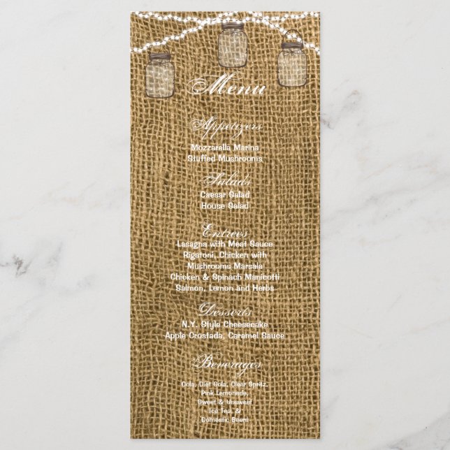 25 Cartes de menu Mason Jar String Lights Burlap P (Devant)