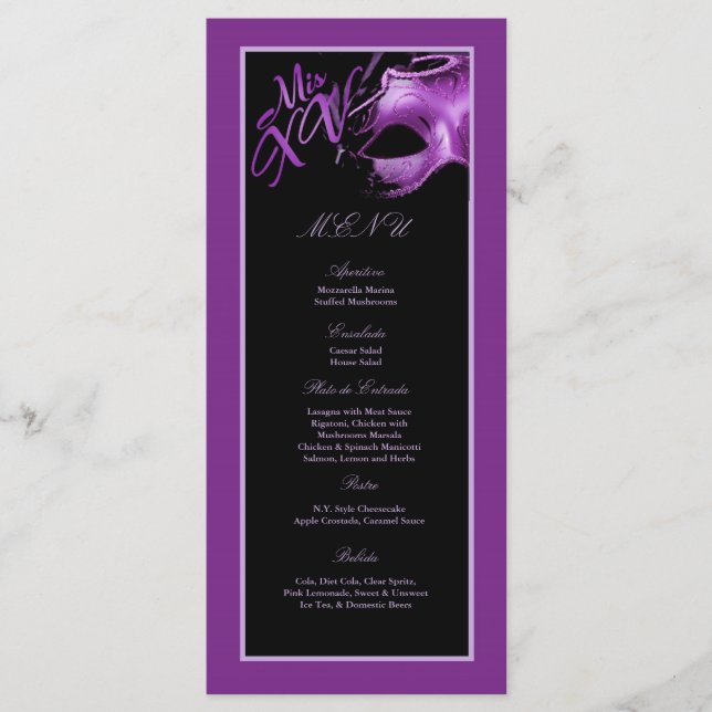 25 Cartes de menu Mis XV Purple Lilac Black Party (Devant)