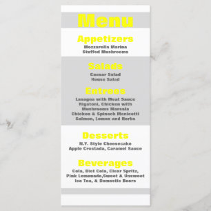 25 Cartes de menu Moderne Neon Gris Jaune 80s Rétr