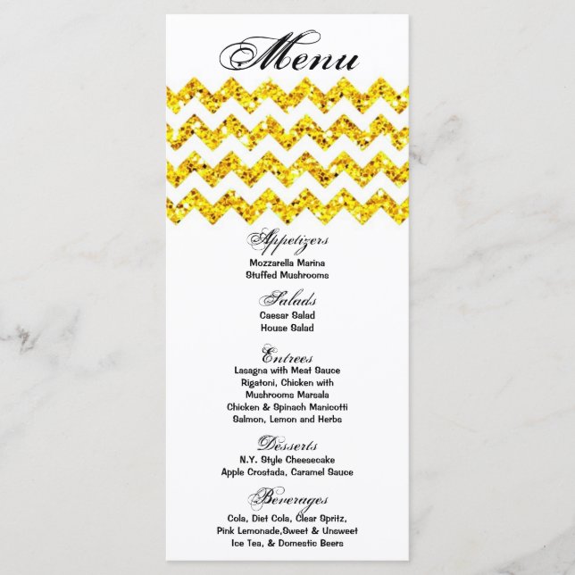 25 Cartes de menu Parties scintillant jaune Chevro (Devant)