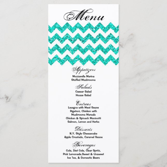 25 Cartes de menu Parties scintillant Turquoise Ch (Devant)