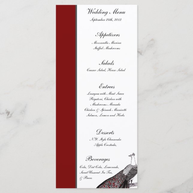 25 Cartes de menu Peacock Rouge Noir Blanc (Devant)