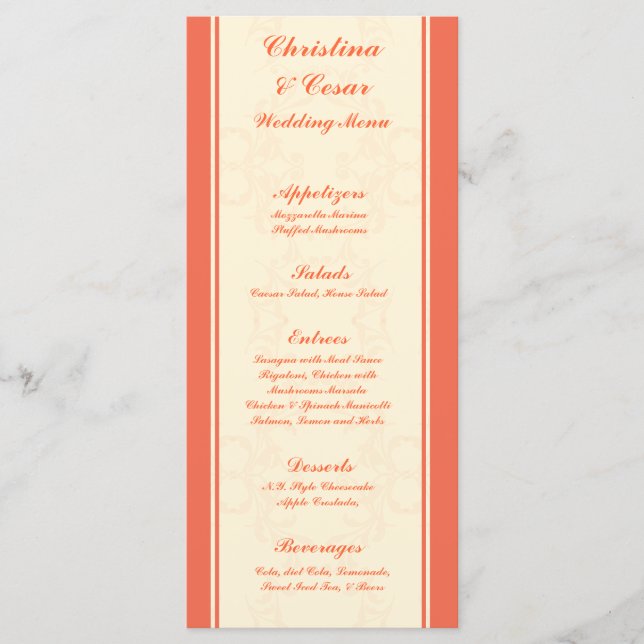 25 Cartes de menu Pinkish/Peach Formal Scrolls Élé (Devant)
