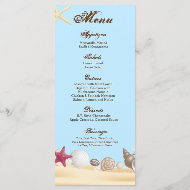 25 Cartes de menu Plage Coques de mer Eau de sable (Devant)