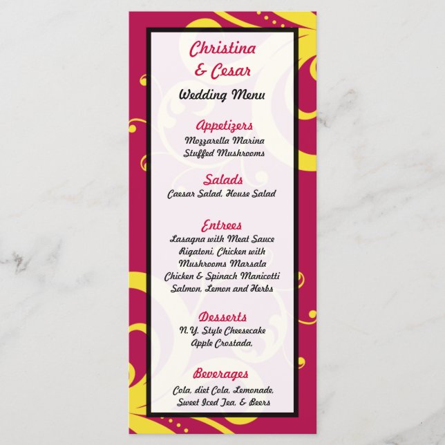 25 Cartes De Menu Points Hot Rose/Yellow Swirls (Devant)