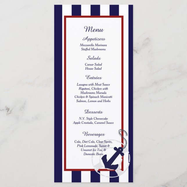 25 Cartes de menu pour Mariage nautique Ancre bleu (Devant)