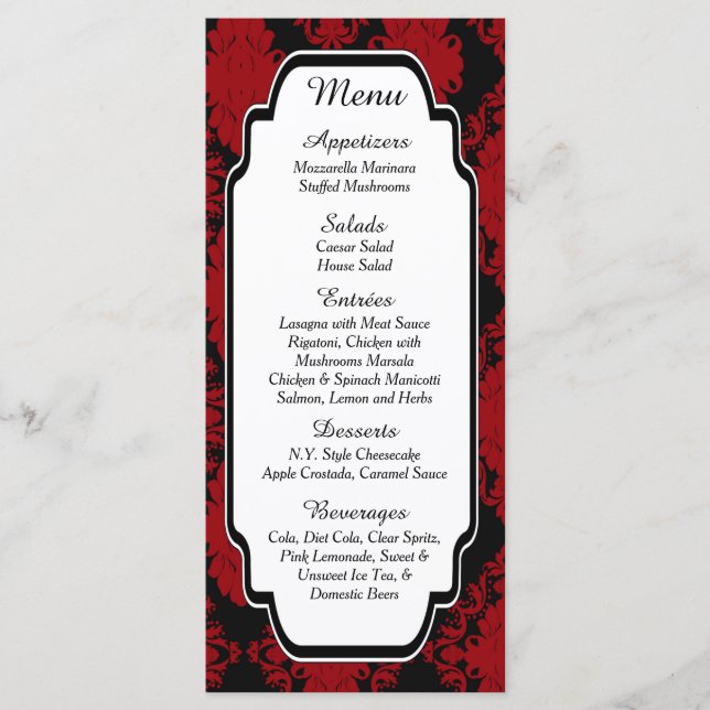 25 Cartes de menu romantiques rouges Damas (Devant)