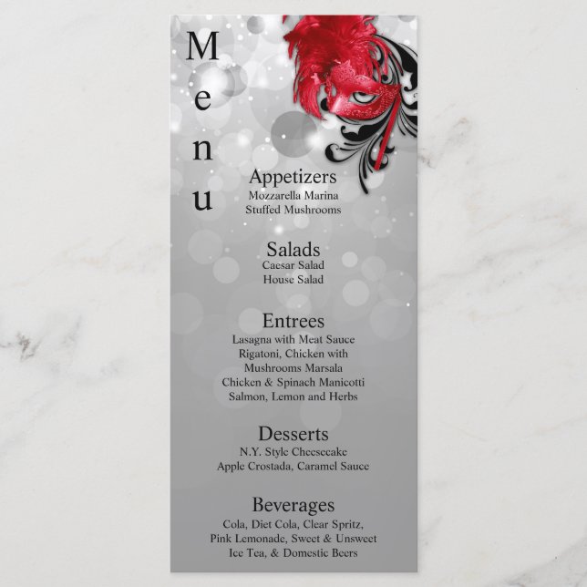 25 Cartes de menu Rouge sur Argent Masquerade Noël (Devant)