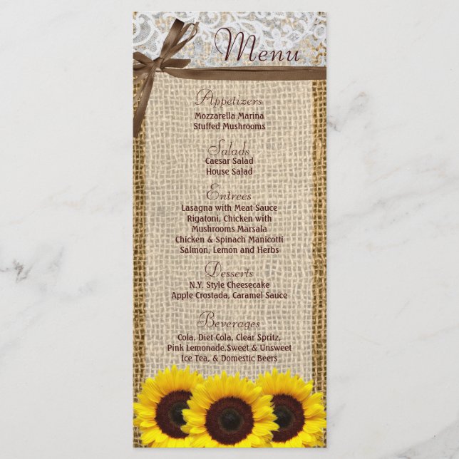 25 Cartes de menu Tournesol Dentelle Burlap Pays R (Devant)