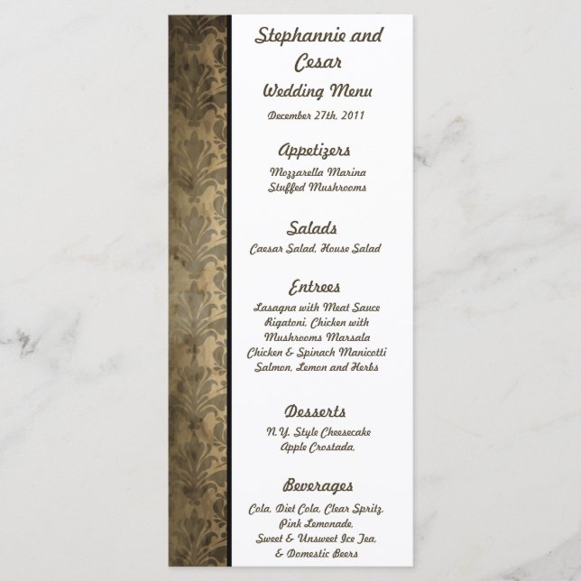 25 Cartes de menu Vintage Brown Damask (Devant)