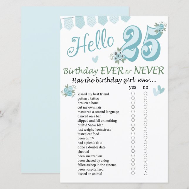 25 e anniversaire Jeu jamais ou jamais (Devant / Derrière)