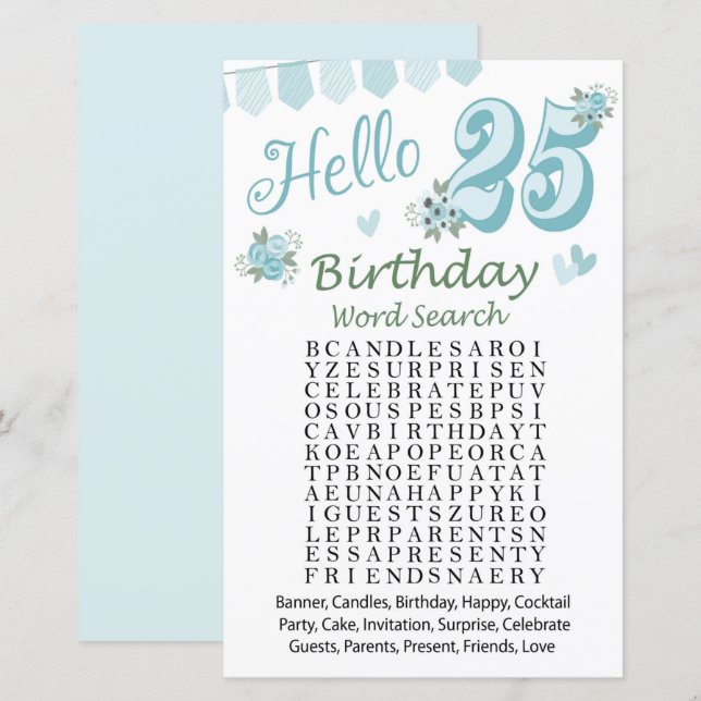 25 e Anniversaire Mot de recherche Jeu (Devant / Derrière)