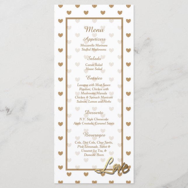 25 Gold Love Hearts Cartes de menu Mariage (Devant)