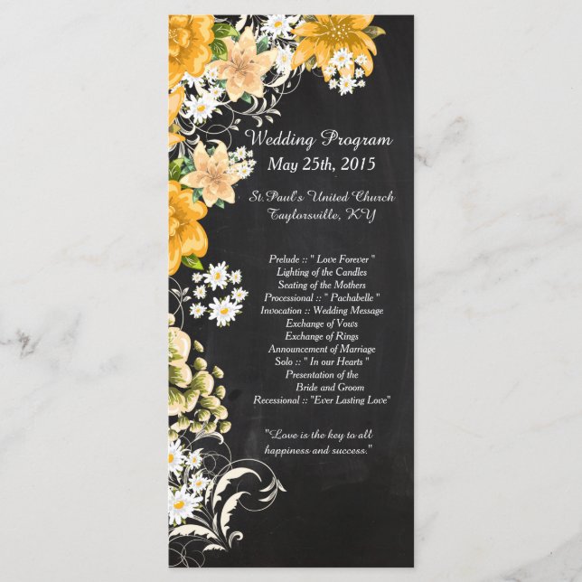 25 Jaune Rose Chalkboard Programmes de mariage (Devant)