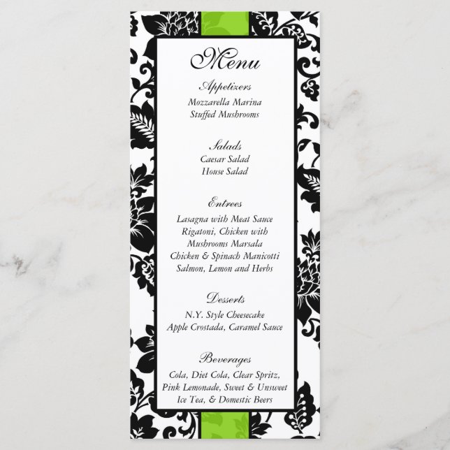 25 Menu Mariage damassé Floral Black/Lime Green (Devant)
