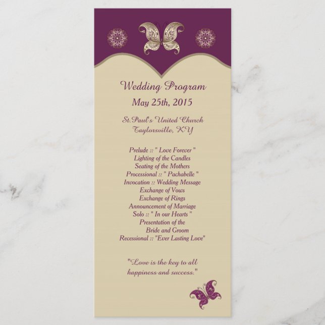 25 Purple Gold Butterfly Wedding Programmes (Devant)