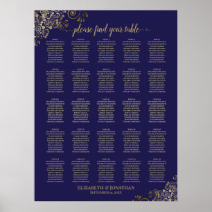 25 Tableau Gold & Marine Blue Mariage Seating Char