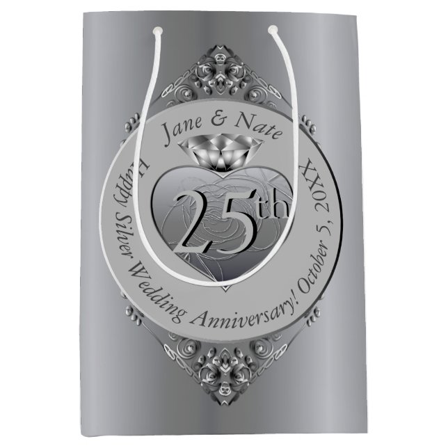 25e anniversaire d'argent Sac cadeau moyen (Devant)