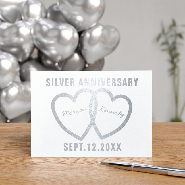 25e anniversaire de Mariage Cartes d'huile d'argen (25th Wedding Anniversary Card with two entwined silver hearts waiting for your to add their names)