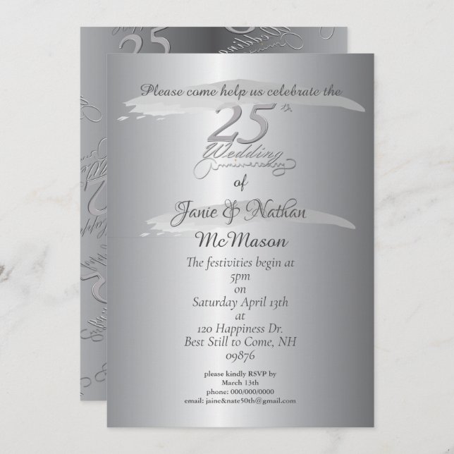 "25e anniversaire de mariage" Invitations argentée (Devant / Derrière)