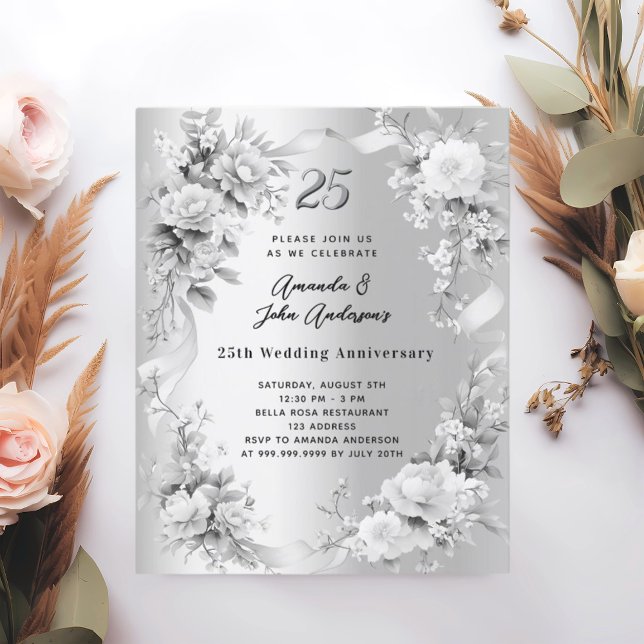 25e anniversaire mariage invitation florale argent (Créateur téléchargé)