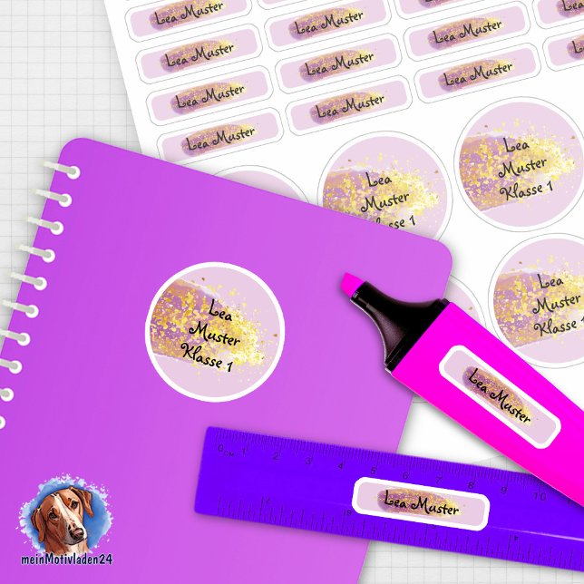 26 autocollants Pinselétalon Lila - Glitzer | (26 schmale und runde Namensaufkleber im Set, für Schulmaterialien - Aquarell lila mit Goldglitter)
