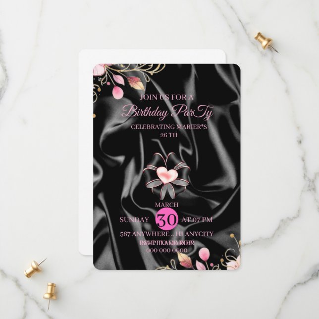 26e Invitation de luxe rose et or pour un annivers (Devant/Arrière en situation)