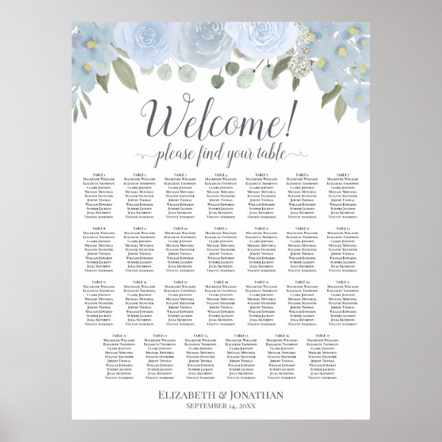 27 Table Dusty Blue Roses Tableau de Mariage (Devant)