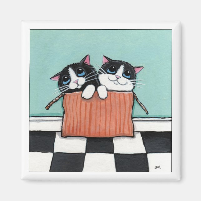 2 chats Tuxedo dans une boîte | Magnet d'art (Devant)