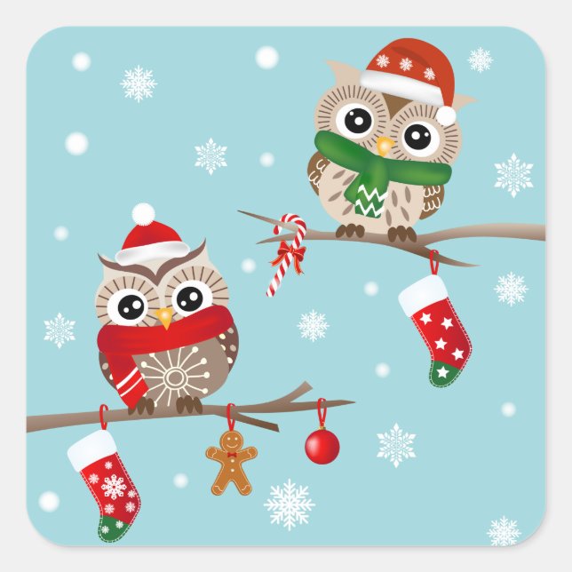 2 Chouettes dans les branches de Noël Stickers (Devant)