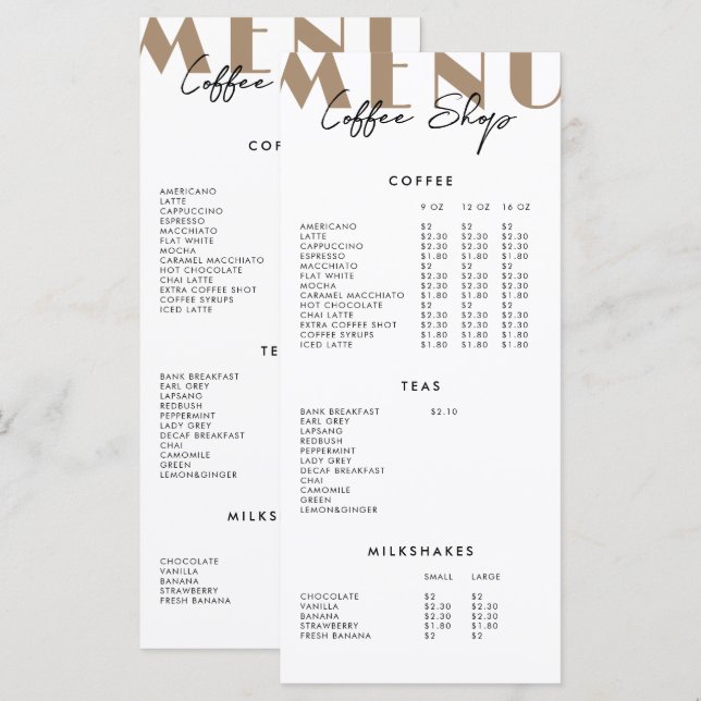 2 Côté Moderne Minimaliste Café Menu (Devant / Derrière)