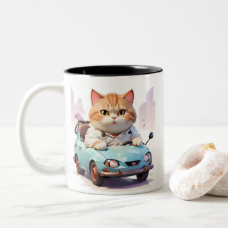2 Couleurs Chat gras Conduire une voiture avec une tasse de c