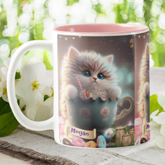2 Couleurs Chat mignon assis dans une tasse personnalisée (Créateur téléchargé)