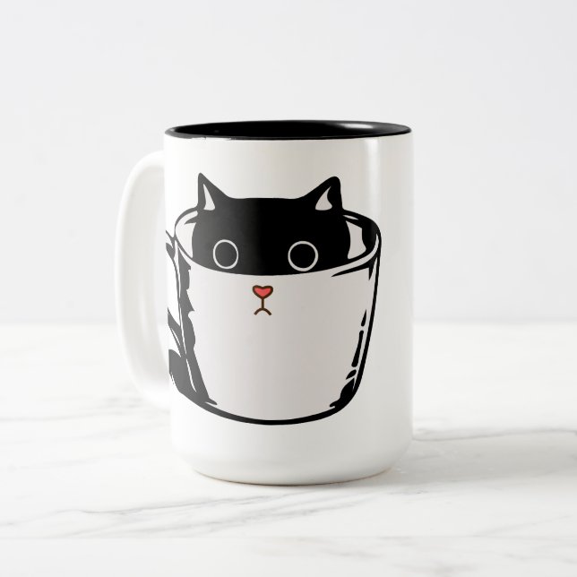 2 Couleurs Chaton noir avec nez rouge caché dans une tasse (Devant gauche)