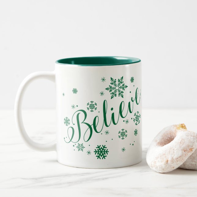 2 Couleurs "Croyez" la tasse graphique de vacances de flocon (Avec donut)