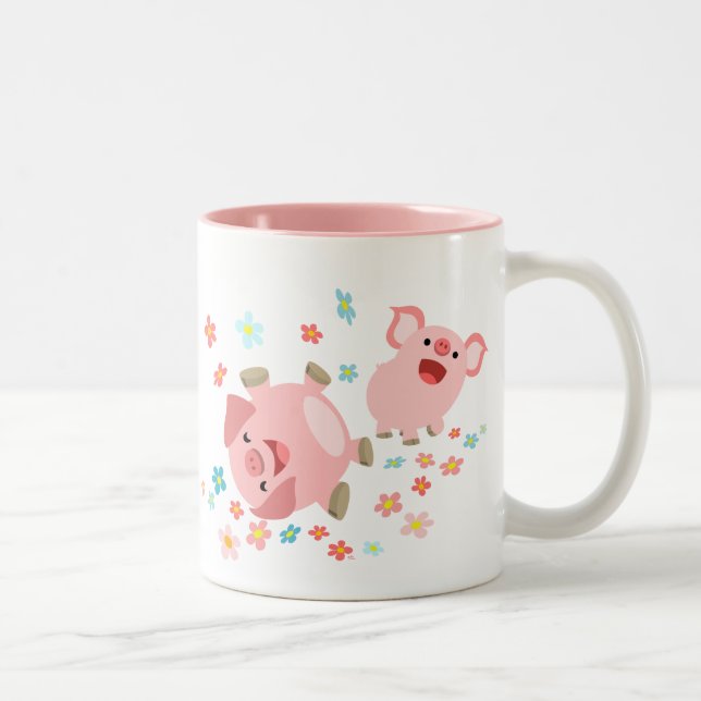 2 Couleurs Deux mignons cochons de caricature dans la tasse d (Droit)