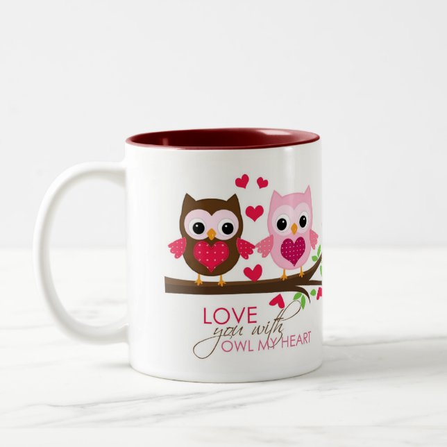 2 Couleurs Hibou d'amour sur la tasse de branche (rose) - (Gauche)