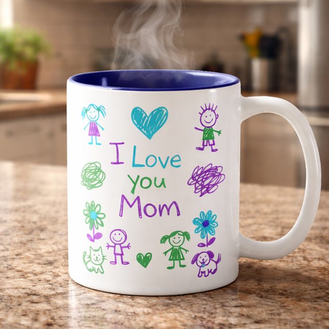 2 Couleurs Tasse à café avec doodle Maman je t'aime mignon (Créateur téléchargé)